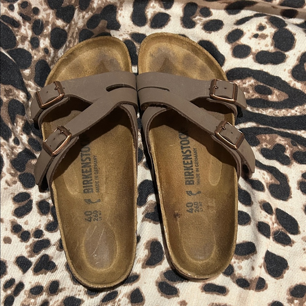 Birkenstock Arizona Double Strap Sandals in Brown with Bronze Buckles